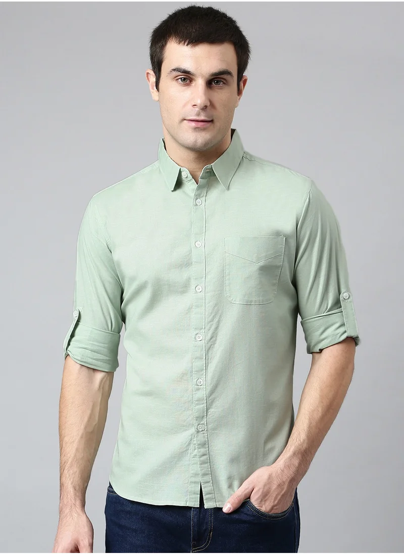 دينيس لينغو Slim Fit Dusty Green Men's Solid Shirt, Spread Collar, Full Sleeves, 100% Cotton,