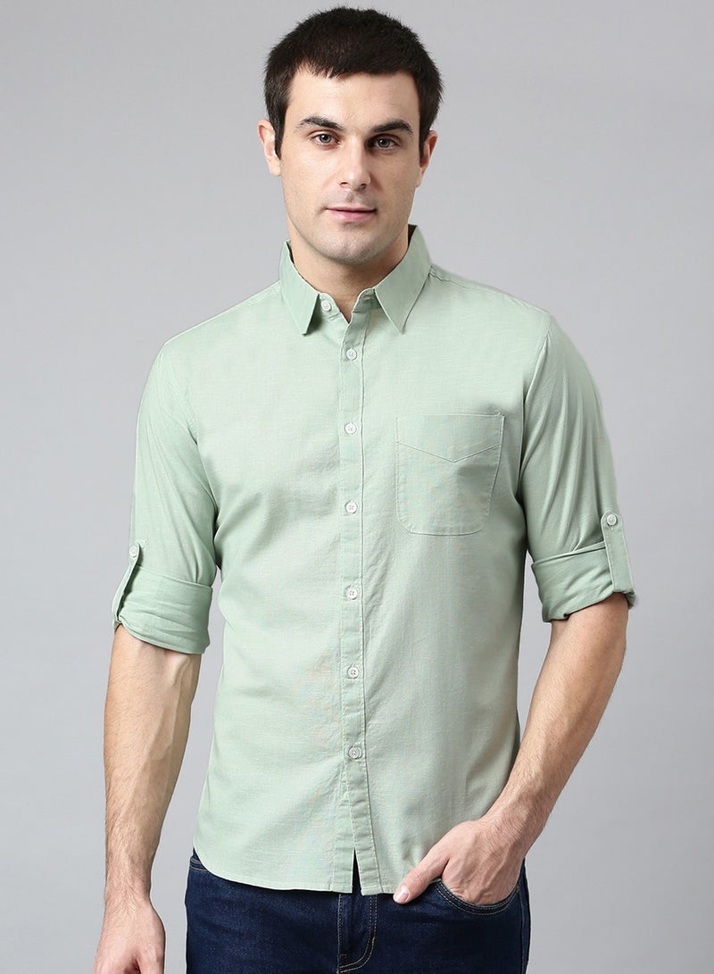 Dennis Lingo Slim Fit Dusty Green Men's Solid Shirt, Spread Collar, Full Sleeves, 100% Cotton,  - Image 1