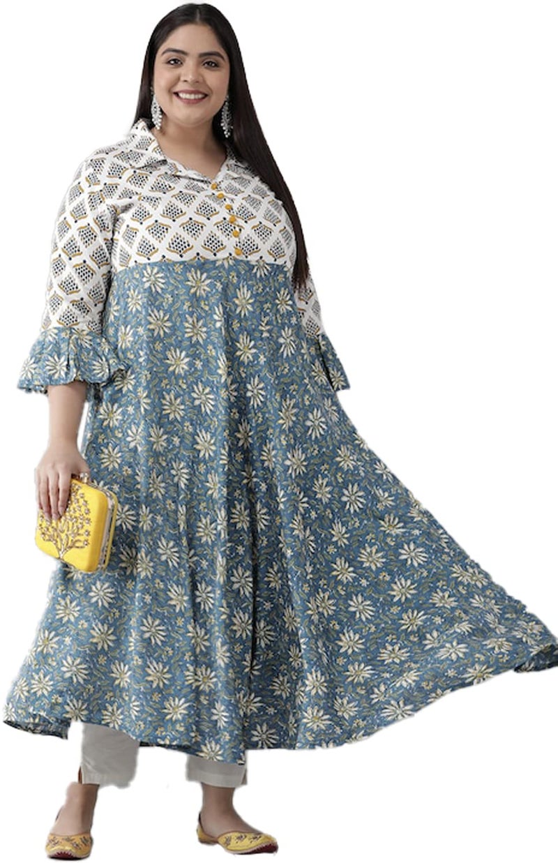 Yash Gallery Women's Plus Size Viscose Rayon Floral Anarkali Regular Fit Kurta for Women (1378PLYKMULTI_Blue_7XL) - Image 3