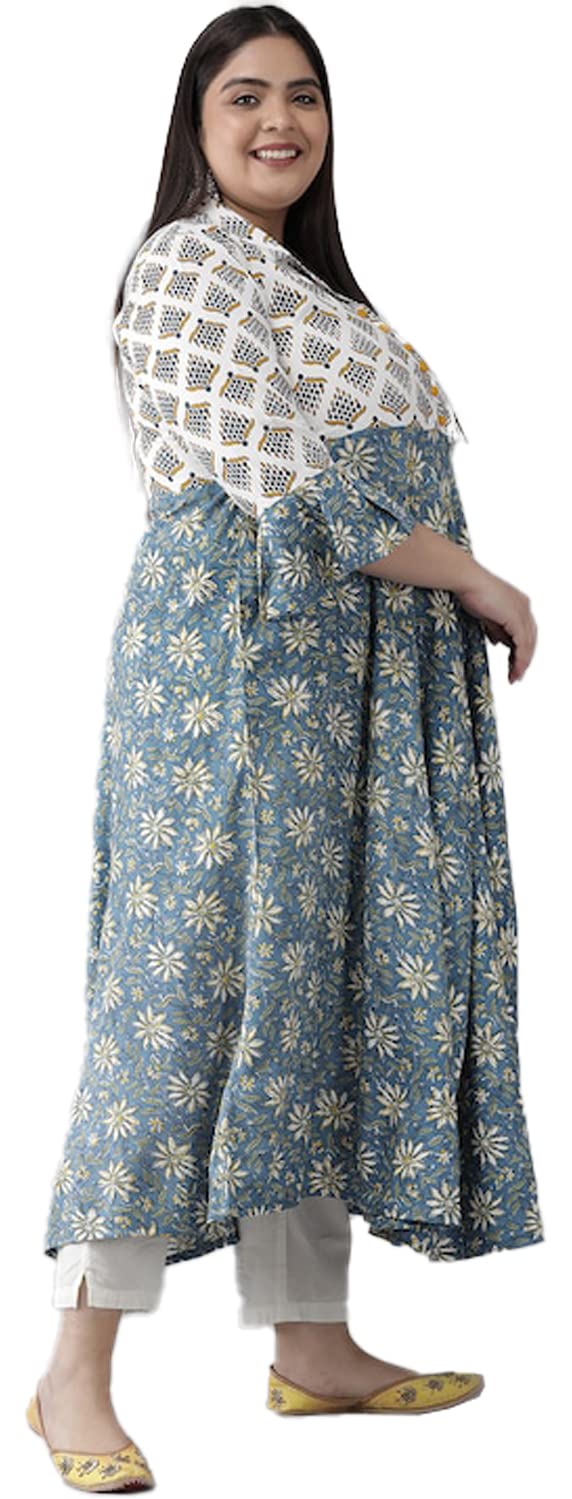 Yash Gallery Women's Plus Size Viscose Rayon Floral Anarkali Regular Fit Kurta for Women (1378PLYKMULTI_Blue_7XL) - Image 2