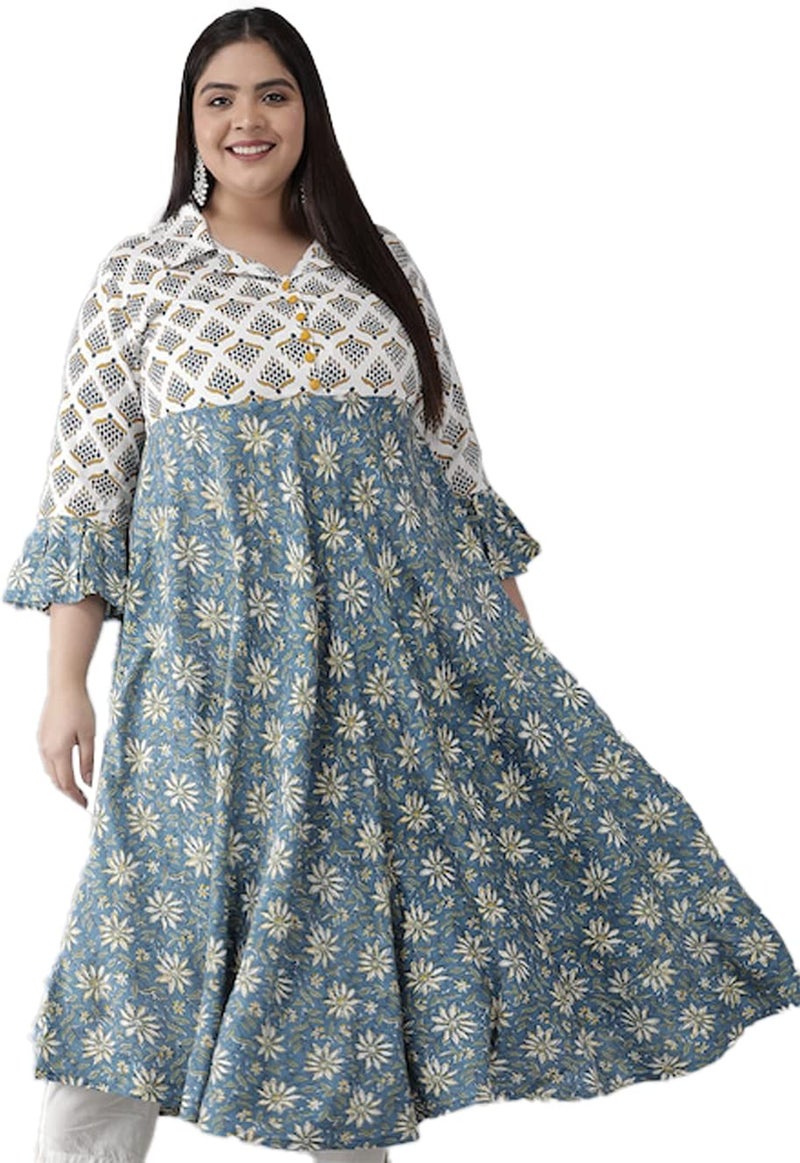 Yash Gallery Women's Plus Size Viscose Rayon Floral Anarkali Regular Fit Kurta for Women (1378PLYKMULTI_Blue_7XL) - Image 1