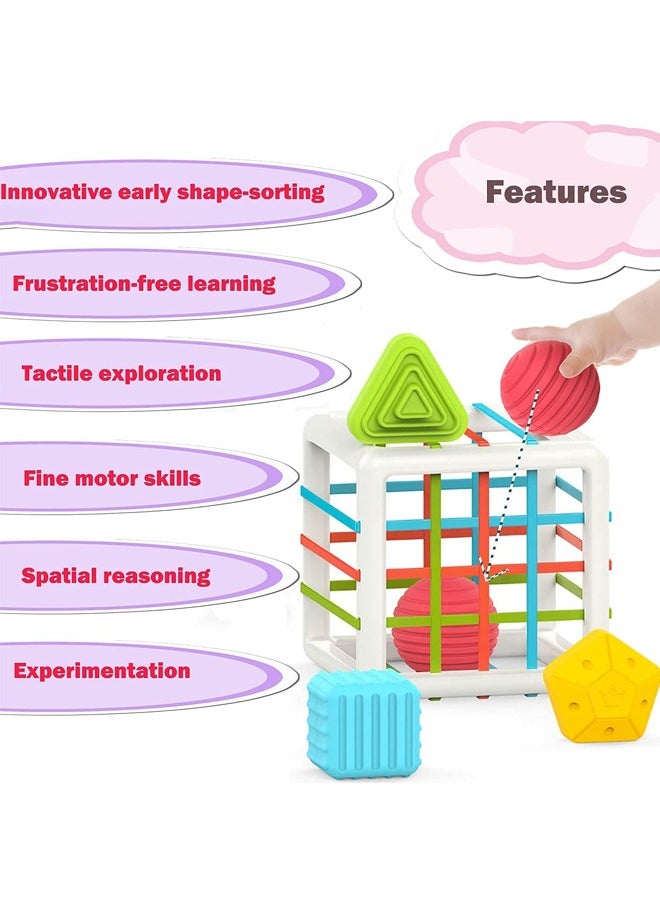 Baybee 6 Pcs Multi Sensory Shape Sorting Cube Toys for Kids with Elastic Bands 6 Different Shape Sorter Blocks for Kids Learning Stacking Sorting Blocks Toys for kids Toddlers 1+ Years Boy Girl
