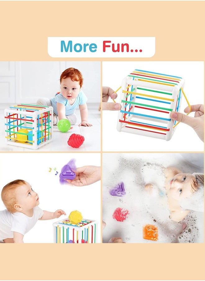 Baybee 6 Pcs Multi Sensory Shape Sorting Cube Toys for Kids with Elastic Bands 6 Different Shape Sorter Blocks for Kids Learning Stacking Sorting Blocks Toys for kids Toddlers 1+ Years Boy Girl