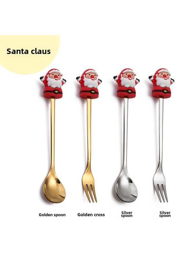 W Cartoon Doll Spoon Q Version Christmas Spoon Mixing Spoon Cute Lucky Bag Rabbit Fork Dessert Spoon With Hand Gift Spoon Fork-Color:Gold-fork-Specifications:Santa Claus  - Image 1