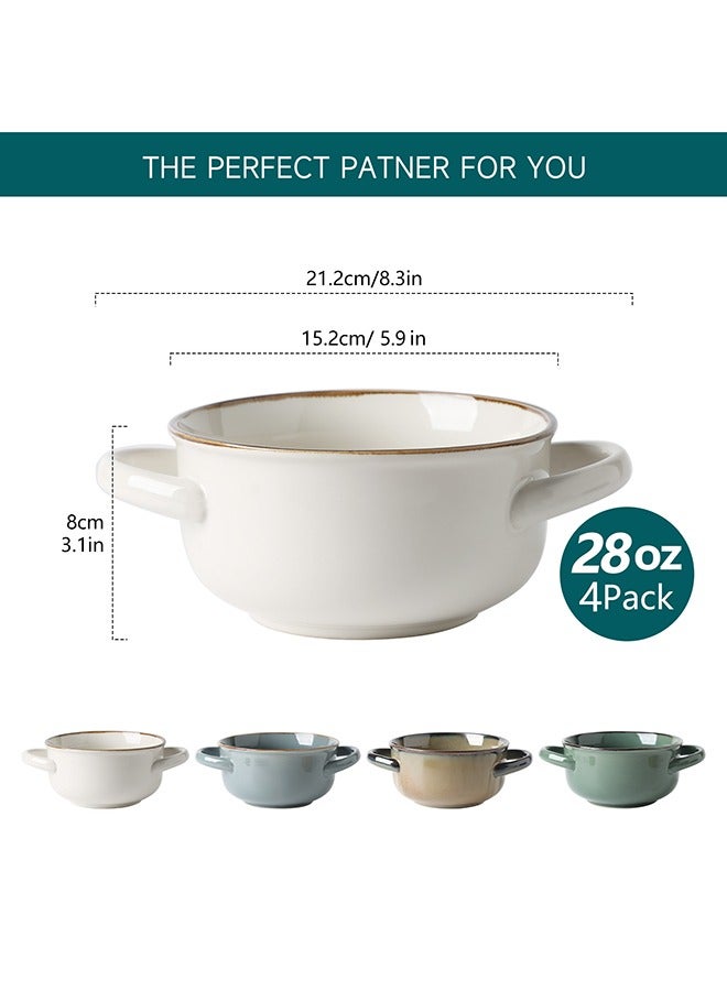 MONITO 4 Piece Set Creamic Bowls, 28oz, Stackable with Handles, for Soup, Salad, Pasta, Stew - Multicolor  - Image 2