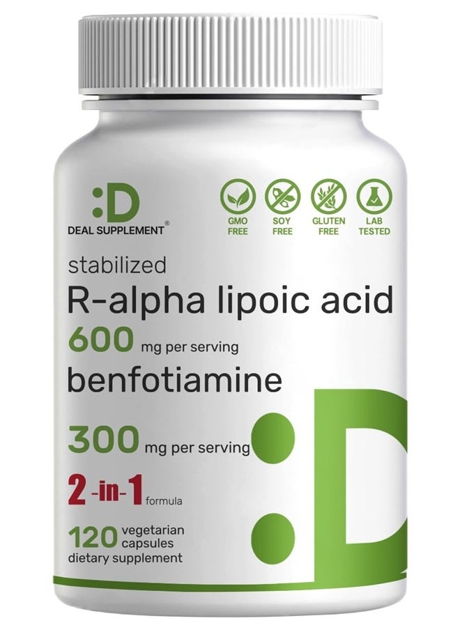 DEAL SUPPLEMENT R Alpha Lipoic Acid 600mg with Benfotiamine 300mg Per Serving, 120 Veggie Capsules – 200mg R-ALA Per Capsule – Antioxidant Supplement for Energy & Nervous System Support  - Image 1