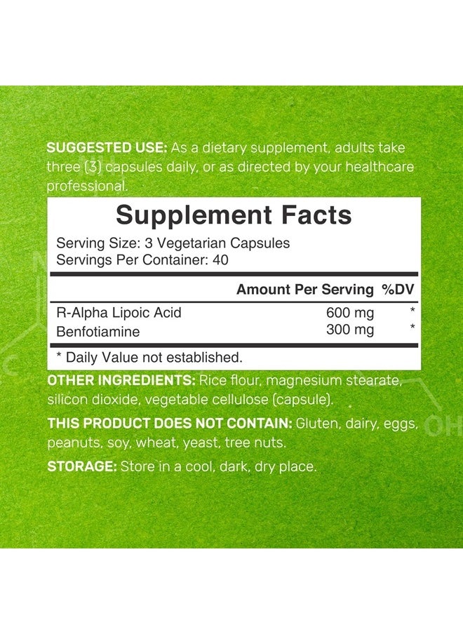 DEAL SUPPLEMENT R Alpha Lipoic Acid 600mg with Benfotiamine 300mg Per Serving, 120 Veggie Capsules – 200mg R-ALA Per Capsule – Antioxidant Supplement for Energy & Nervous System Support  - Image 2