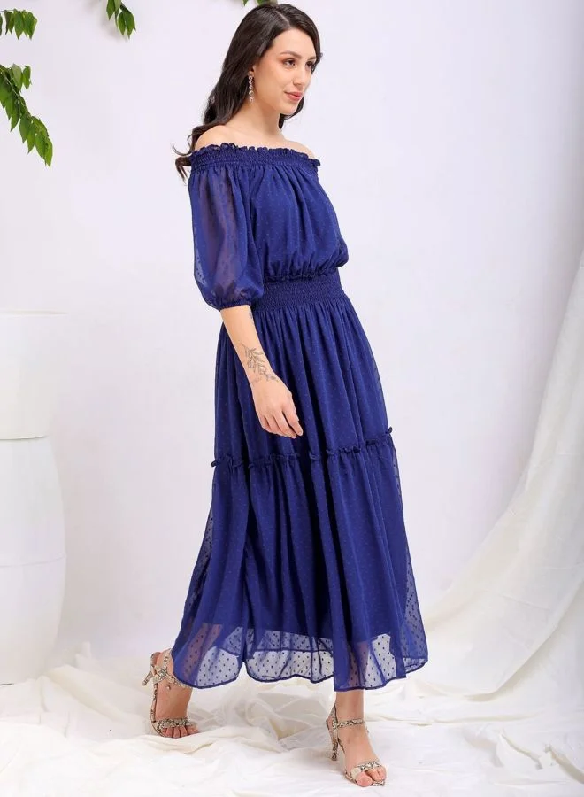 Freehand  Women Fit and Flared Solid Boat Neck Short Sleeve Tiered Dress for Women | Best Price UAE