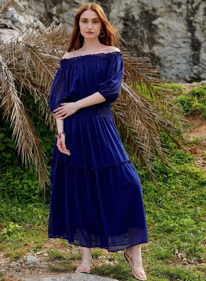 Women Fit and Flared Solid Boat Neck Short Sleeve Tiered Dress