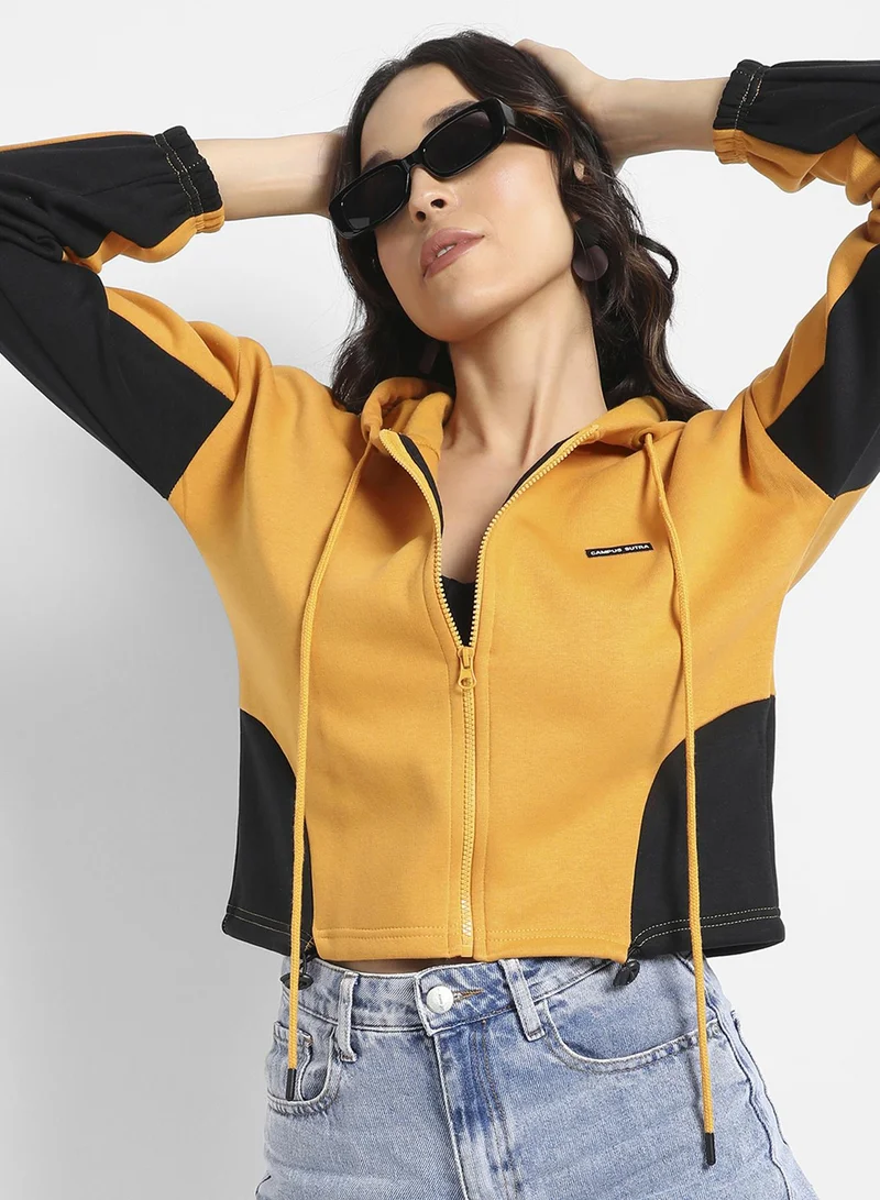 كامبوس سوترا هودي نسائي بسحاب أمامي بلون أصفر موز وقطع جانبية