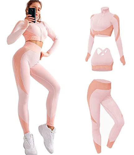 Veriliss Women's 3pcs Seamless Outfits Workout Sets,Gym Clothes Yoga Sportswear Leggings and Stretch Sports Bra Gym jumpsuits Clothes Set (Pink, S) - Image 2