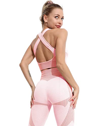 Veriliss Women's 3pcs Seamless Outfits Workout Sets,Gym Clothes Yoga Sportswear Leggings and Stretch Sports Bra Gym jumpsuits Clothes Set (Pink, S) - Image 4