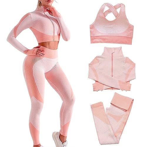 Veriliss Women's 3pcs Seamless Outfits Workout Sets,Gym Clothes Yoga Sportswear Leggings and Stretch Sports Bra Gym jumpsuits Clothes Set (Pink, S) - Image 1