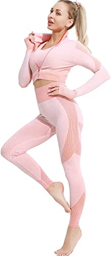 Veriliss Women's 3pcs Seamless Outfits Workout Sets,Gym Clothes Yoga Sportswear Leggings and Stretch Sports Bra Gym jumpsuits Clothes Set (Pink, S) - Image 3