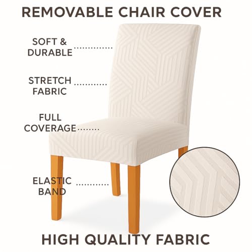 Styleys Elastic Chair Cover Stretch Removable Washable Short Jacquard Dining Chair Cover Protector Seat Slipcover (Pack of 6, Ivory, JTMC1) - Image 3