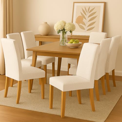 Styleys Elastic Chair Cover Stretch Removable Washable Short Jacquard Dining Chair Cover Protector Seat Slipcover (Pack of 6, Ivory, JTMC1) - Image 2