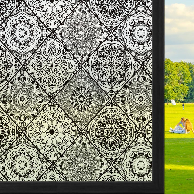 DKTIE Geometric Line Frosted Glass Window Film Door Window Covering Day and Night Privacy Protection Waterproof Privacy Window Film Sun Blocking Anti UV (B110-Black, 17.7" x 78.7") - Image 1