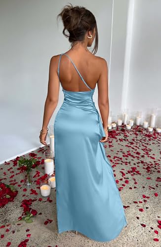Memoriesea Women's Sexy One Shoulder Satin High Split Cocktail Wedding Party Maxi Dress Sky Blue - Image 5