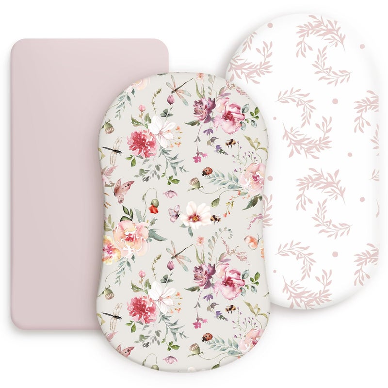 Stretch Ultra Soft Fitted Bassinet Sheet Set 3 Pack Universal Fit for Bassinets Baby Cradle Moses Basket Oval Rectangle Mattress Safe and Snug Beautiful Flowers and Insects Pattern for Baby Girls