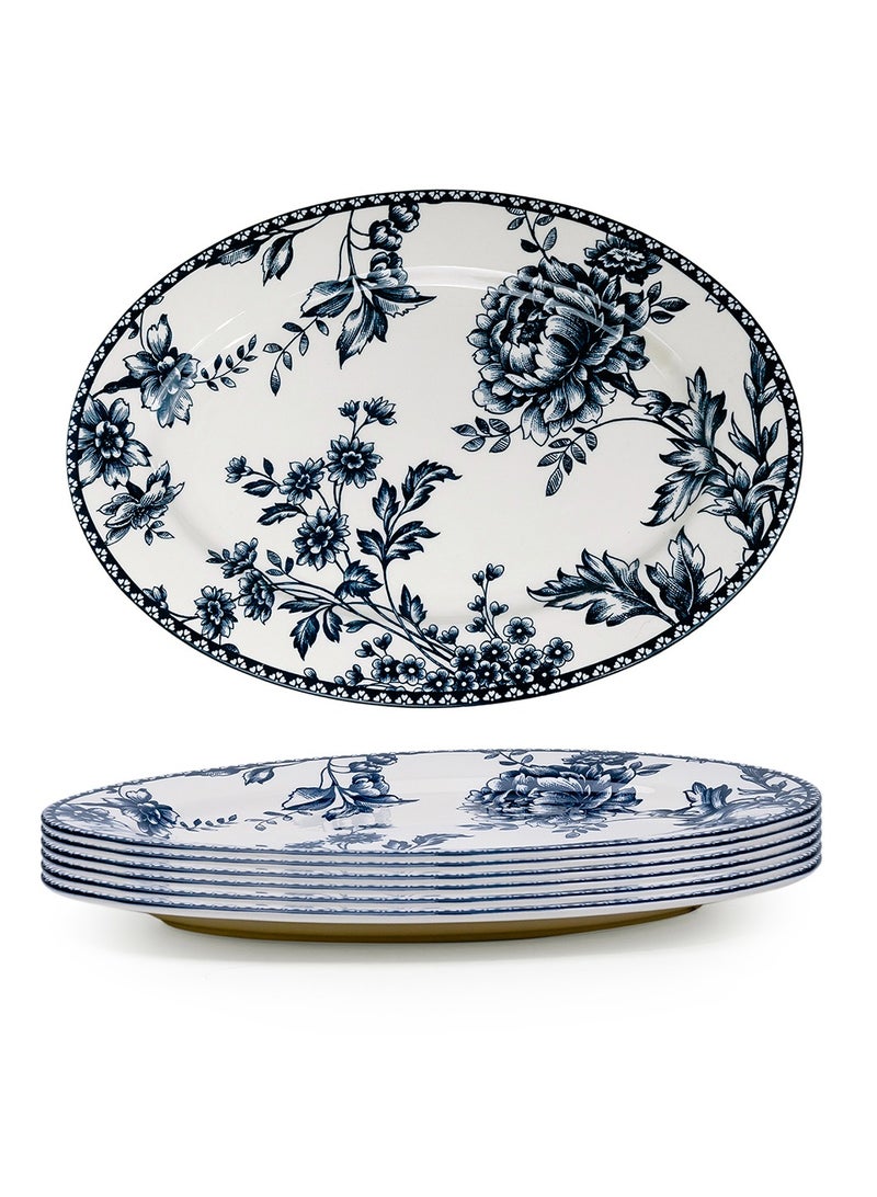 Claytan Rhapsody 14.2-Inch Dark Blue Floral Pattern Ceramic Oval Platter, White (Set of 6) - Image 1