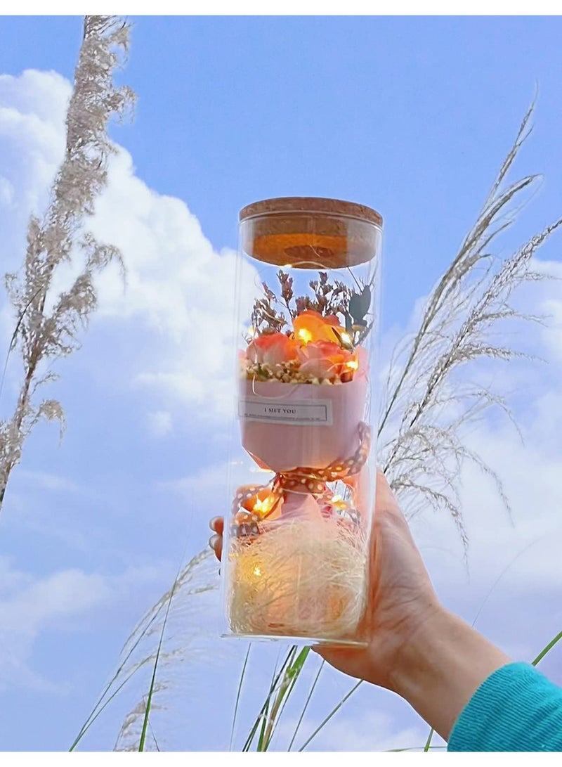 Excefore باقة زهور اصطناعية محفوظة مزينة بوردية تحت غطاء زجاجي، هدايا زهور للنساء الأم الجدة الزوجة، هدية ليوم الحب و يوم الأم، وردة خوخي وردية - Image 3