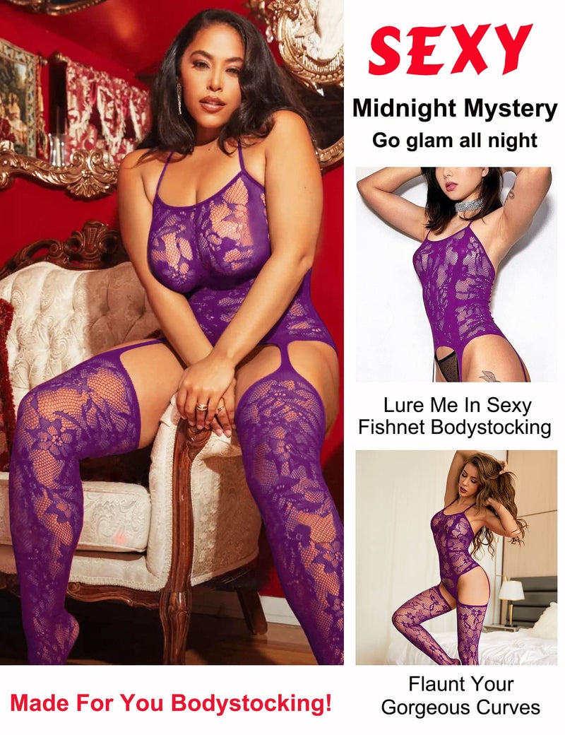 RSLOVE Women Bodystocking Attached Stockings Elasticity Bodysuit One Piece Soft Nightwear One Size Dark Purple - Image 4