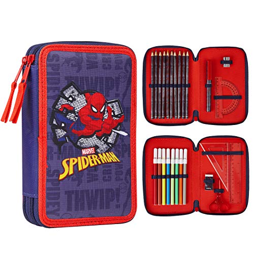 Marvel Pencil Case with Stationery Included School Supplies Filled Large Pencil Case Multiple Compartments Colouring Pencils Pens Boys Stationery Set Gifts for Boys (Spiderman Double Zip) - Image 1