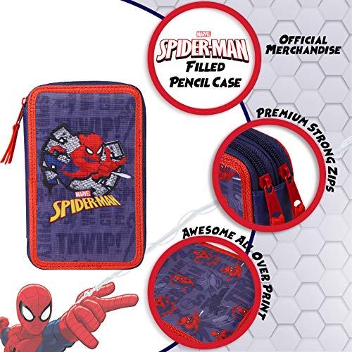 Marvel Pencil Case with Stationery Included School Supplies Filled Large Pencil Case Multiple Compartments Colouring Pencils Pens Boys Stationery Set Gifts for Boys (Spiderman Double Zip) - Image 2