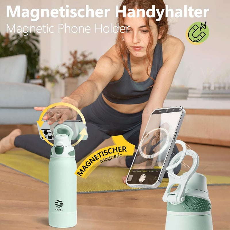 Fjbottle Thermal Water Bottle with Straw, Magnetic Handle Phone Holder + Double Drinking System Sports Bottle 1L/700/600ml – 1-Click Opening/BPA-Free/Leak-Free for Gym, Yoga - Image 3