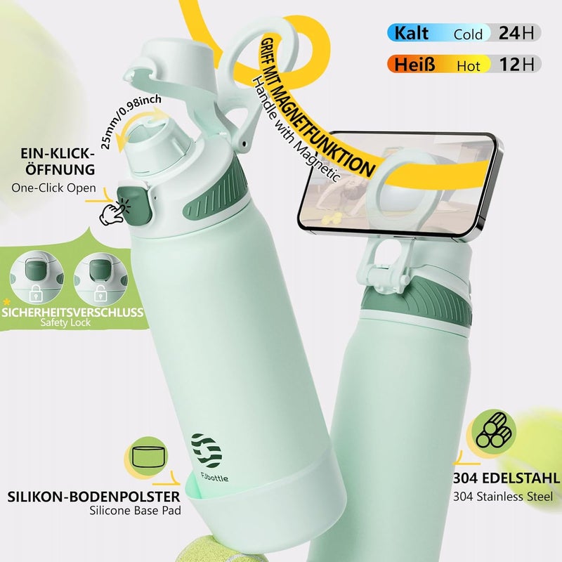 Fjbottle Thermal Water Bottle with Straw, Magnetic Handle Phone Holder + Double Drinking System Sports Bottle 1L/700/600ml – 1-Click Opening/BPA-Free/Leak-Free for Gym, Yoga - Image 4