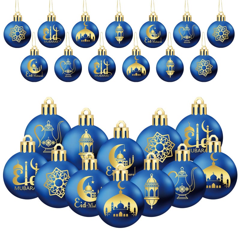 Bememo 24 Pcs Eid Ball Ornaments for Tree Eid Al Adha Decoration157 Inches Plastic Ramadan Hanging Ornaments Islamic Moon Star Ball Ramadan Decor for Holiday Tree Party DecorationBlue and Gold