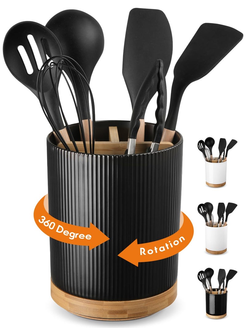LoeJan 3 Compartment Utensil Holder, Extra Large Utensil Crock, Stable Ceramic Utensil Organizer, Cooking Tool Organizer Set for Kitchen Counter Farmhouse Decor (B-Black(Vertical Stripe)) - Image 1