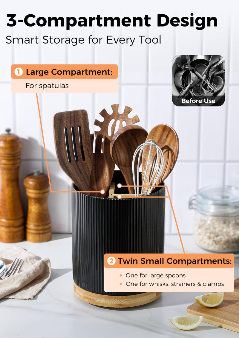 LoeJan 3 Compartment Utensil Holder, Extra Large Utensil Crock, Stable Ceramic Utensil Organizer, Cooking Tool Organizer Set for Kitchen Counter Farmhouse Decor (B-Black(Vertical Stripe)) - Image 3