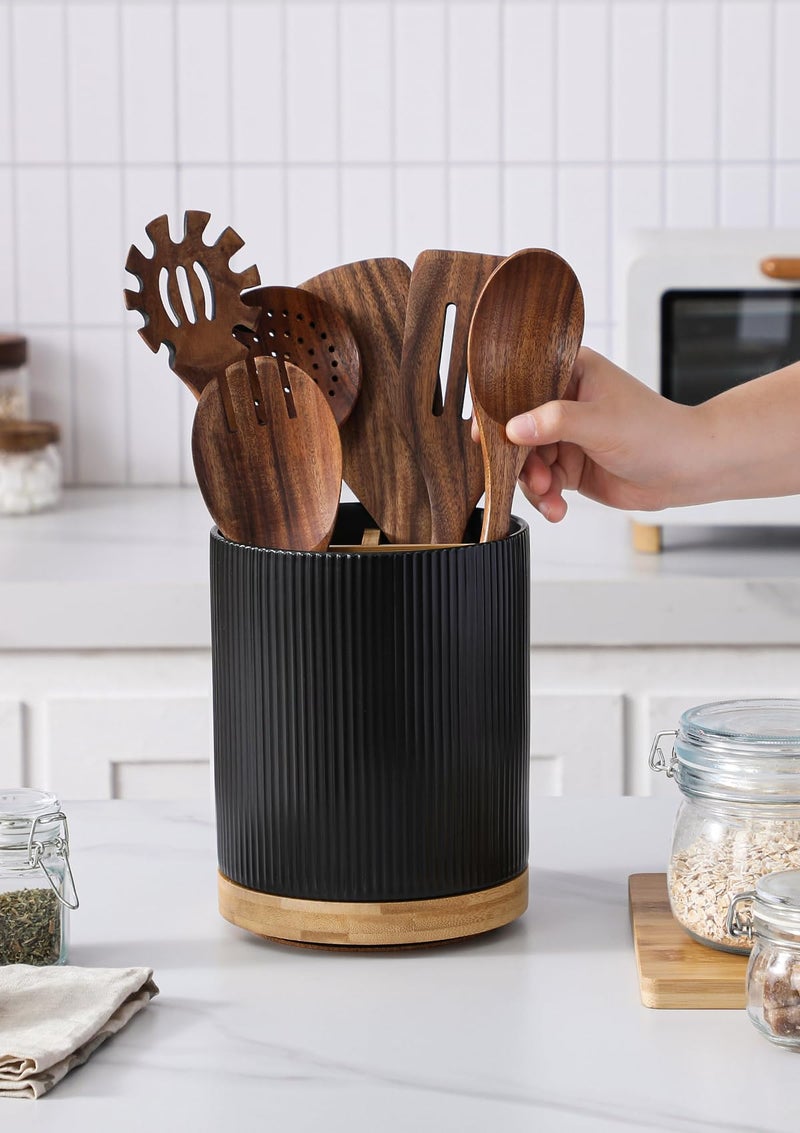 LoeJan 3 Compartment Utensil Holder, Extra Large Utensil Crock, Stable Ceramic Utensil Organizer, Cooking Tool Organizer Set for Kitchen Counter Farmhouse Decor (B-Black(Vertical Stripe)) - Image 4