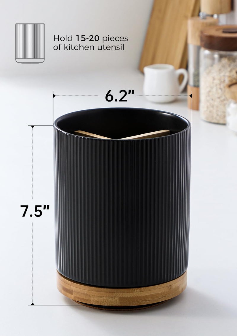 LoeJan 3 Compartment Utensil Holder, Extra Large Utensil Crock, Stable Ceramic Utensil Organizer, Cooking Tool Organizer Set for Kitchen Counter Farmhouse Decor (B-Black(Vertical Stripe)) - Image 2