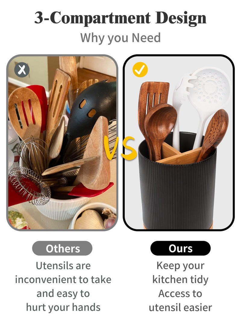 LoeJan 3 Compartment Utensil Holder, Extra Large Utensil Crock, Stable Ceramic Utensil Organizer, Cooking Tool Organizer Set for Kitchen Counter Farmhouse Decor (B-Black(Vertical Stripe)) - Image 5