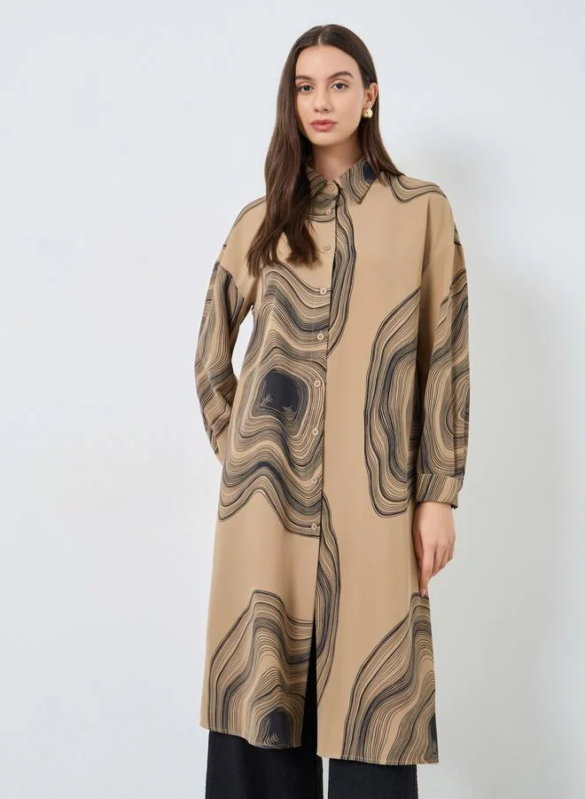 تايك تو طقم منسق من قميص طويل وبنطال بطباعة رخامية بنية