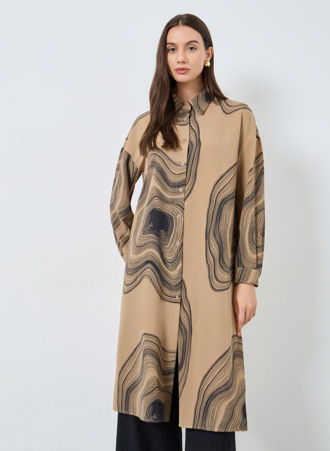 تايك تو طقم منسق من قميص طويل وبنطال بطباعة رخامية بنية - Image 2