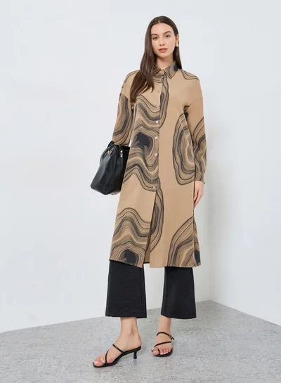 Take Two Brown Marble Print Longline Shirt and Pants Co-Ords
