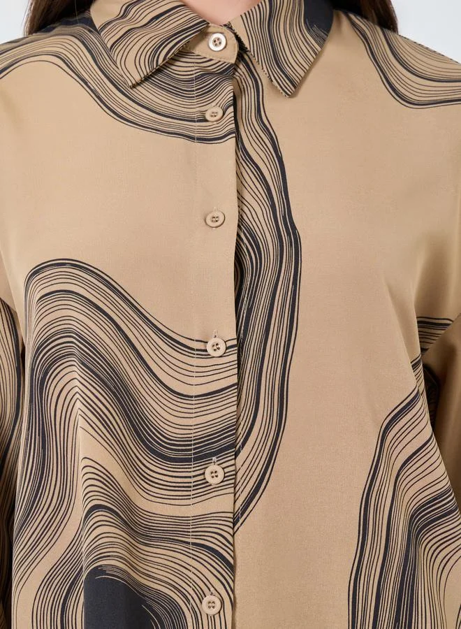 Take Two Brown Marble Print Longline Shirt and Pants Co-Ords