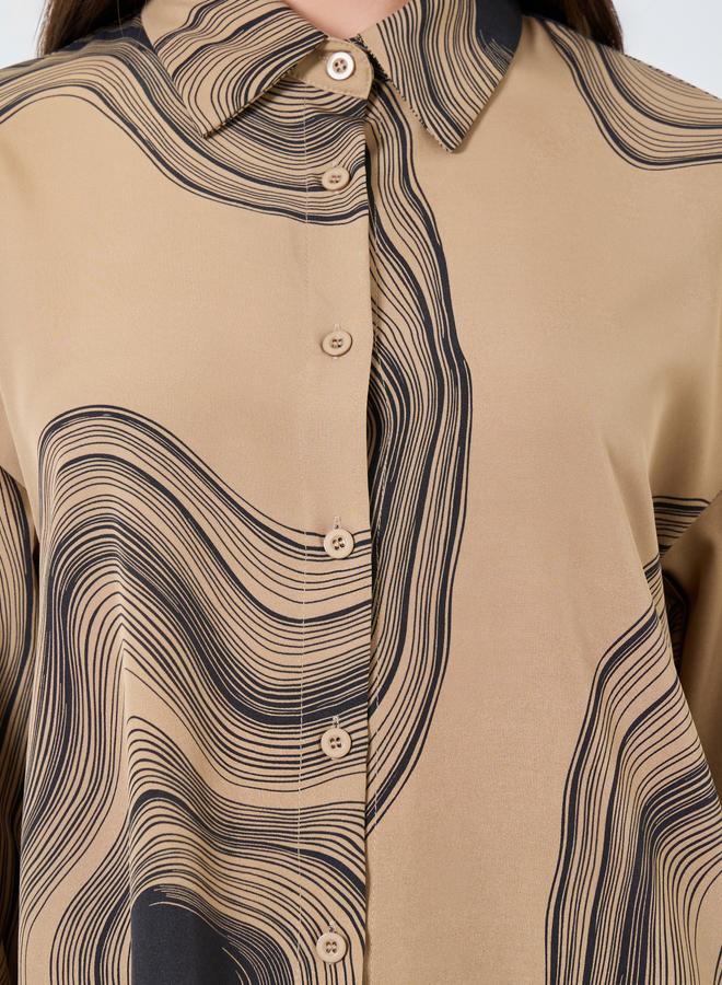 تايك تو طقم منسق من قميص طويل وبنطال بطباعة رخامية بنية - Image 3