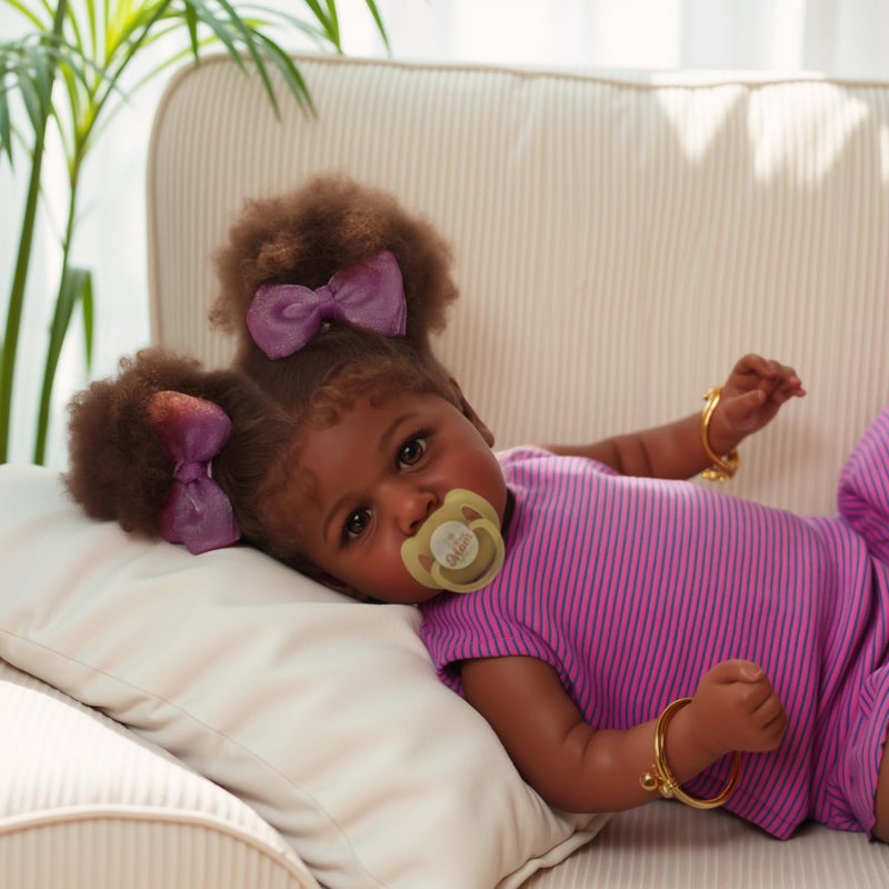 ADFO Reborn Black Baby Dolls -22 Inches Soft Body Realistic Baby Dolls Girl, Caramel Skin Tone Real Life Baby Doll with Feeding Kit & Toy Accessories Gift for Kids Age 3+ - Image 5