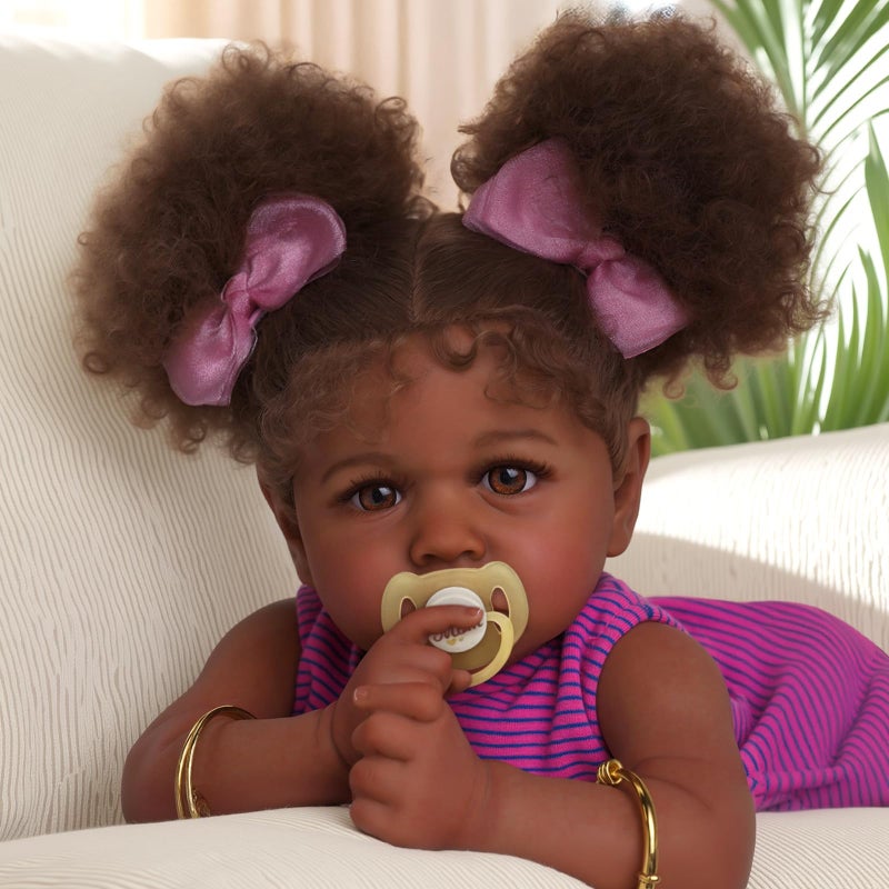 ADFO Reborn Black Baby Dolls -22 Inches Soft Body Realistic Baby Dolls Girl, Caramel Skin Tone Real Life Baby Doll with Feeding Kit & Toy Accessories Gift for Kids Age 3+ - Image 1