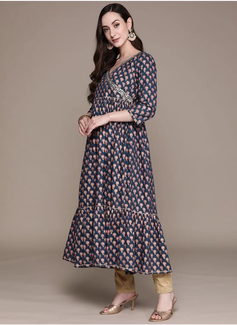 آي شين Regular Fit Printed Pattern Round Neck Neck Three-Quarter Sleeve Navy Blue Colour Knitted Cotton Kurtas for Women - Crafted for Elegance and Ease