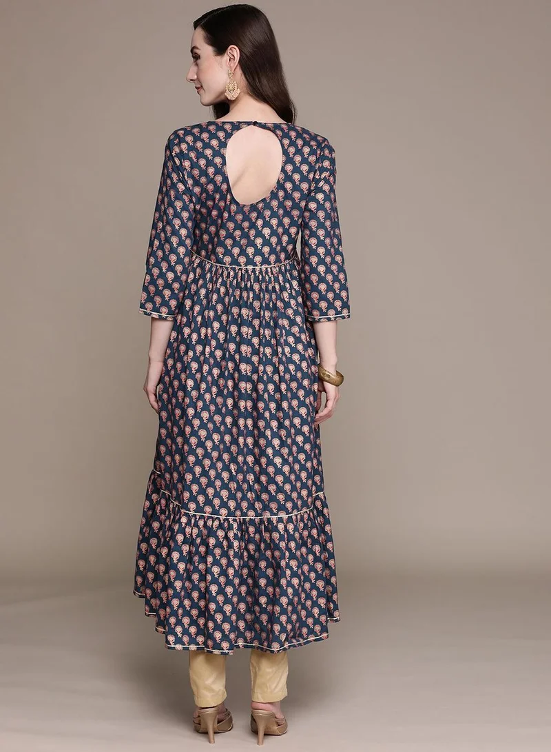 آي شين Women's Navy Blue 100% Cotton Printed Regular Fit Kurta