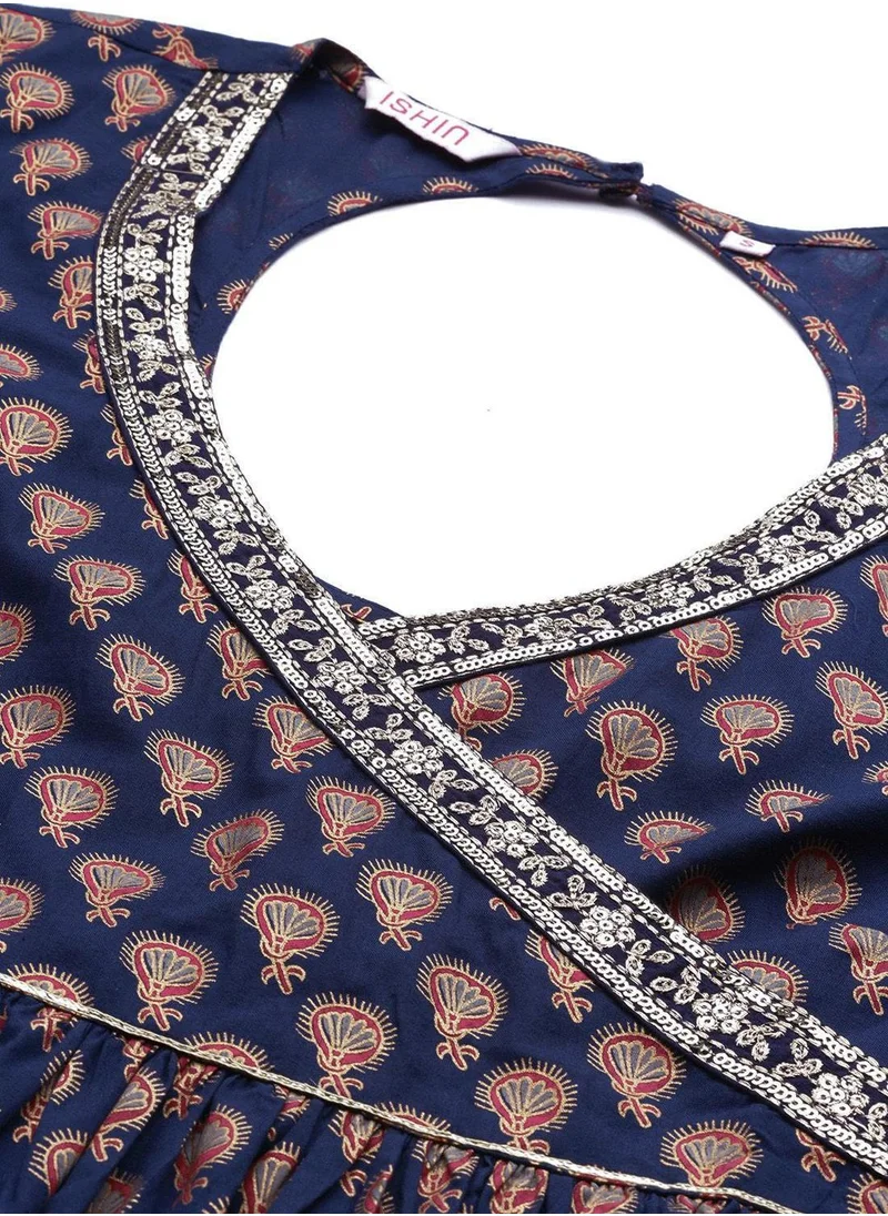 آي شين Regular Fit Printed Pattern Round Neck Neck Three-Quarter Sleeve Navy Blue Colour Knitted Cotton Kurtas for Women - Crafted for Elegance and Ease
