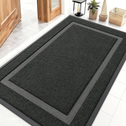 OLANLY Front Door Mat Indoor Outdoor Entrance Waterproof AllSeason AllWeather Doormat Sturdy Natural Rubber Fade Resistant Low Profile Easy Clean Patio Porch Entryway Mat 47x32 Black