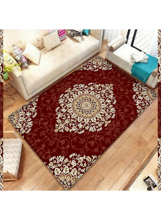 Traditional Persian Style Area Rug, Ornate Floral Medallion, Burgundy Red, Polyester, Non-Slip, Indoor/Outdoor - Image 3