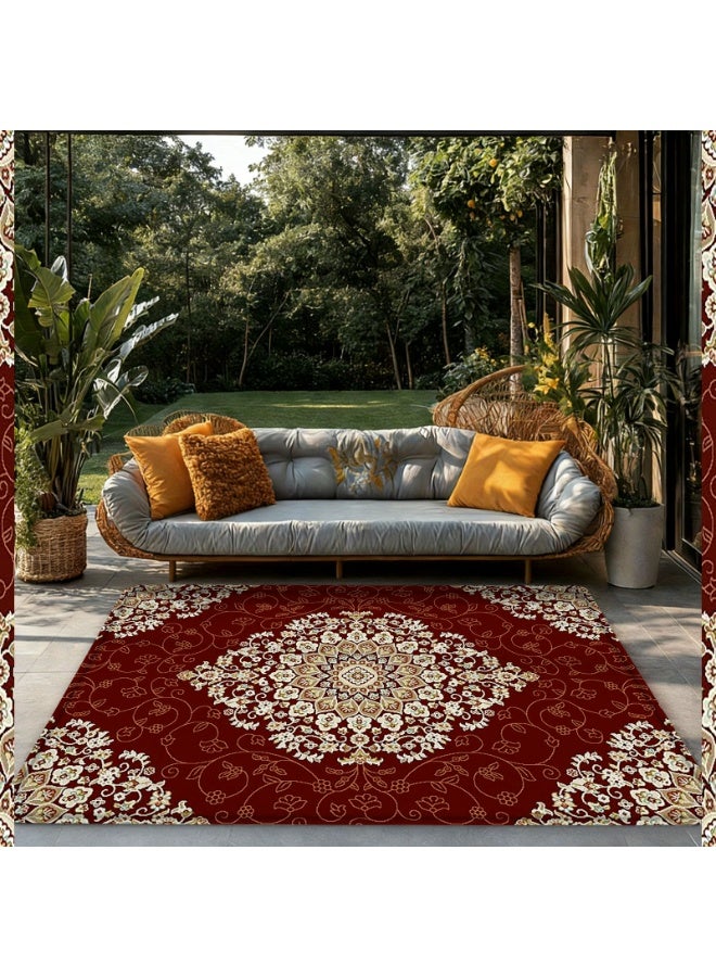 Traditional Persian Style Area Rug, Ornate Floral Medallion, Burgundy Red, Polyester, Non-Slip, Indoor/Outdoor - Image 5