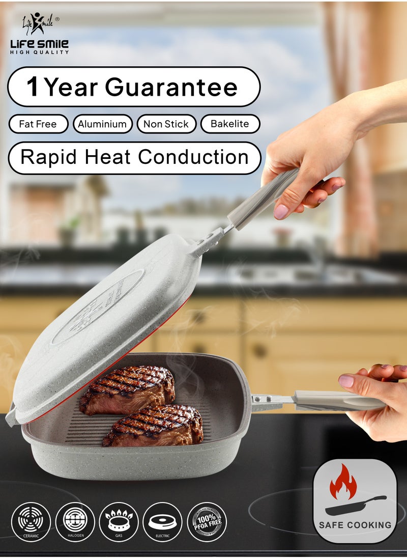 Life Smile - 36 cm Smart Double Grill Pan - 5 Layer Granite Non-Stick Coating With Magnetic Handle - Flipping Grill Frying Pan | Multiple Hob Compatibility - Image 1